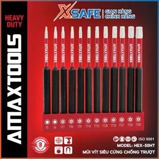 Bộ 12 mũi bắn vít lục giác chống trượt AMAXTOOLS Thép S2 siêu cứng HRC60 đầu bằng đầu hoa thị 