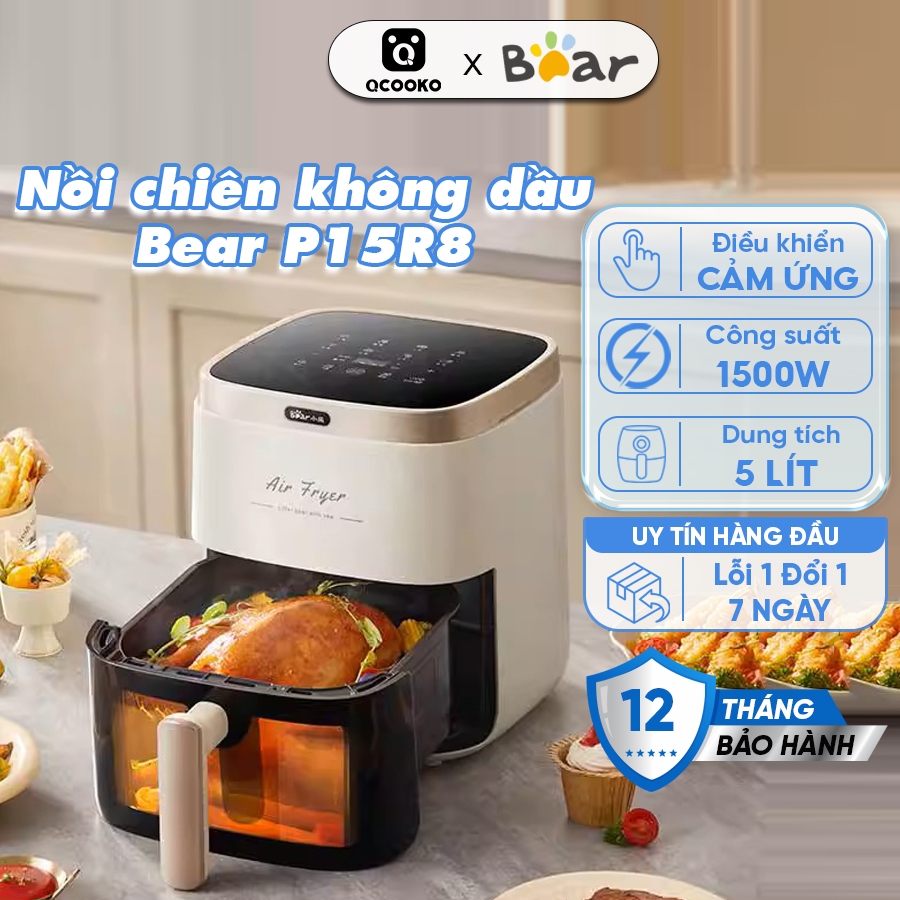 Nồi chiên không dầu Bear QZG-P15R8, dung tích 5L, 1500W, MENU cảm ứng, có cửa nhìn, sử dụng cho gia 