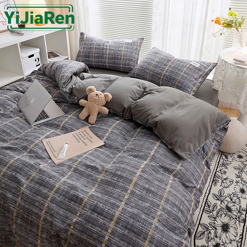 Bộ 4 Món Chăn Ga Gối Cotton Linen Kẻ Ô Màu Xám - Thiết Kế Cổ Điển & Thời Thượng CG04-B