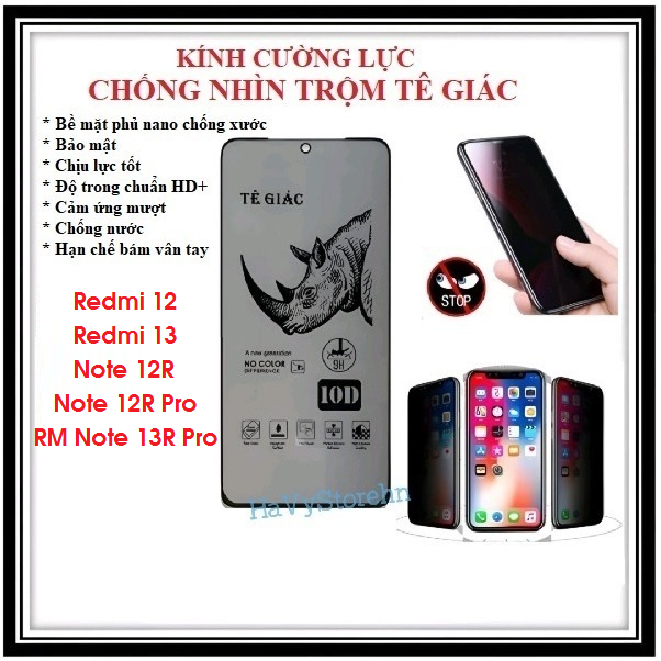 Kính cường lực TÊ GIÁC chống nhìn trộm cho Redmi 12 Note 12R Note 12R Pro Redmi 13 Note 13R Pro