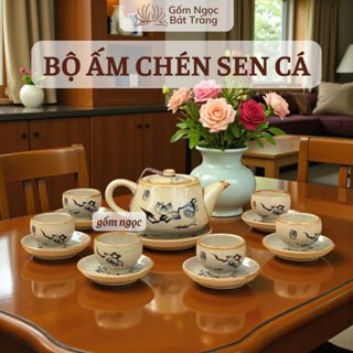  Ấm Chén Pha Chè SEN CÁ Gốm Sứ Bát Tràng Bộ Ấm Chén Sang Trọng Cổ Điển Bộ Quà Tặng Ấm Chén 