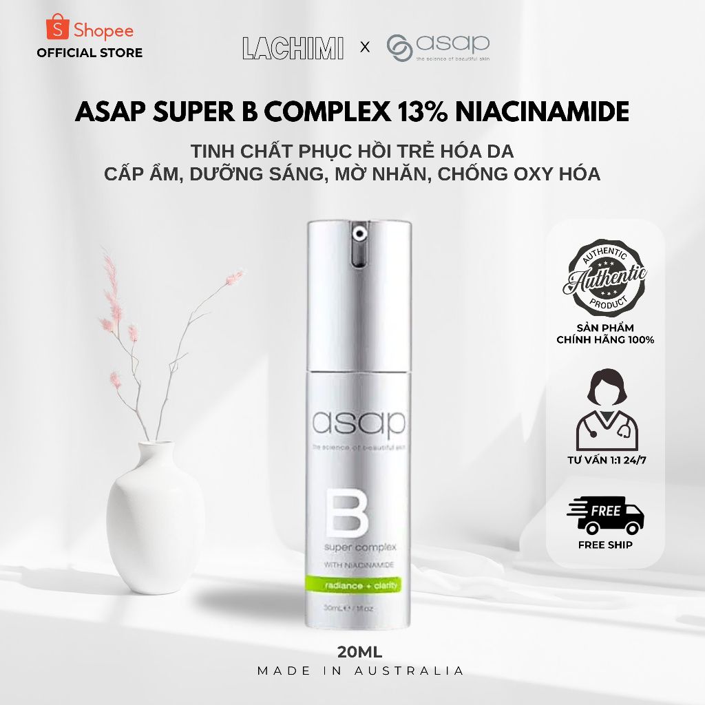 Serum Asap Super B Complex, tinh chất phục hồi Niacinamide 13% dưỡng sáng, mờ nhăn Lachimi Beauty