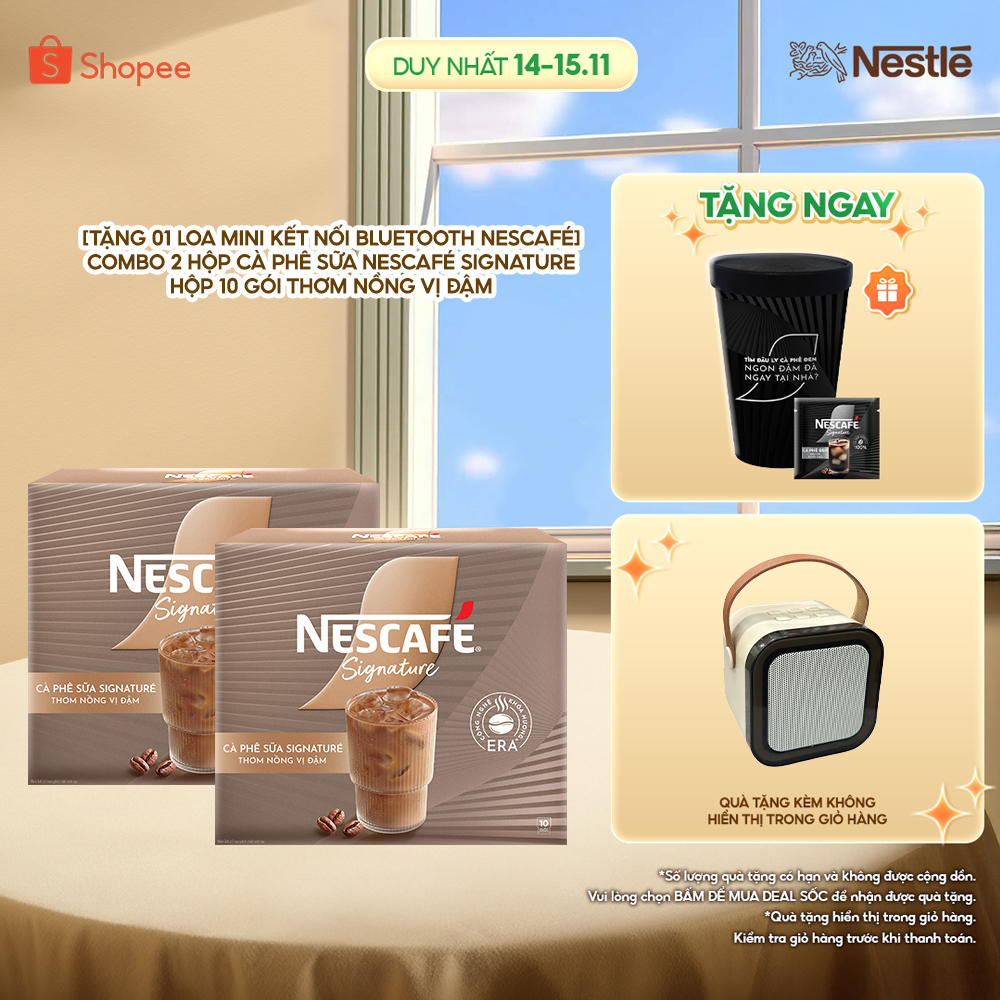   Tặng 01 Loa Mini kết nối bluetooth NESCAFÉ  Combo 2 hộp Cà phê sữa NESCAFÉ Signature Hộp 10 gói THƠM NỒNG VỊ ĐẬM 