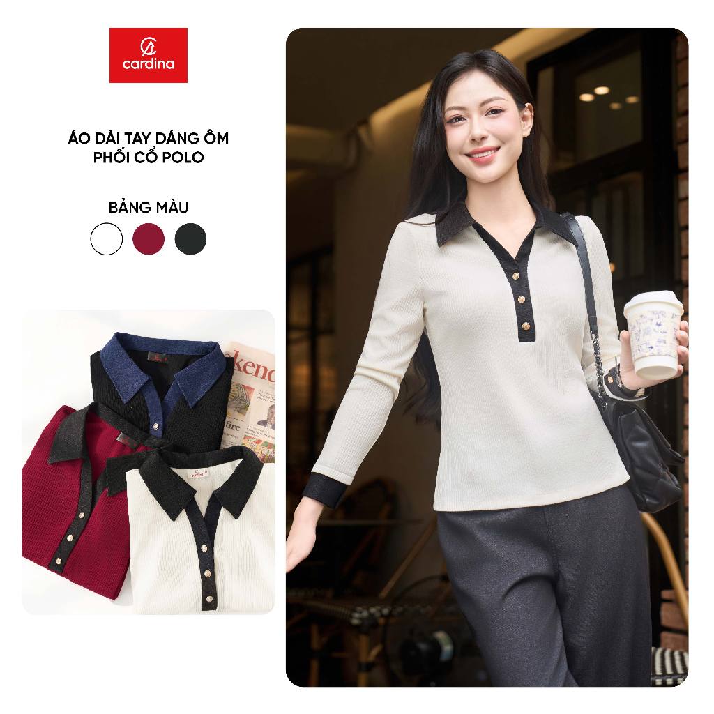 Áo polo nữ CARDINA chất liệu tăm hạt gạo dáng ôm dài tay 5AFD03