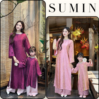  Áo dài Tết cho mẹ và bé gái TƯỜNG XUÂN 2 tà cổ tròn đính đá vải tơ tằm ánh kim hottrend mặc Lễ Tết đi chơi dự tiệc 