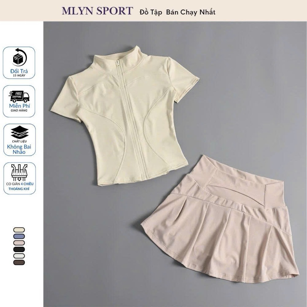 Set Đồ Tập Nữ Áo Thun Ngắn Tay Khóa Kéo + Chân Váy Tennis Dáng Xòe Co Giãn 4 Chiều Không Nhăn MLYN S