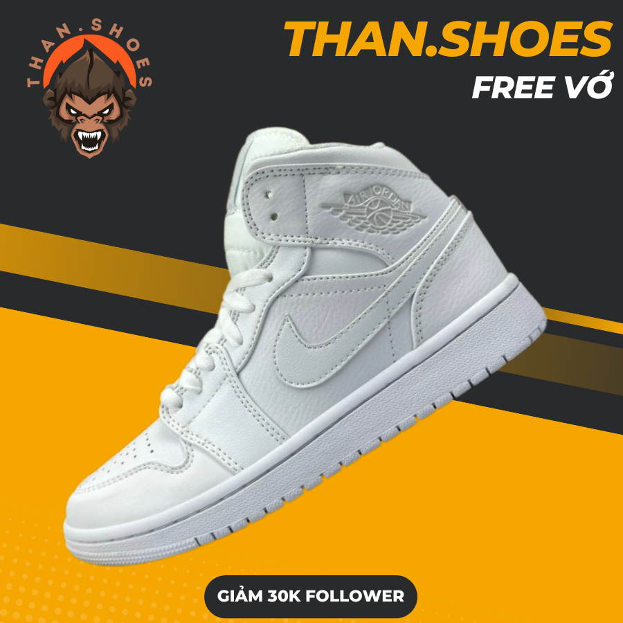 Giày Sneaker JD1 Mid Patent Triple White, JD1 Cổ Cao Full Trắng - Than.Shoes