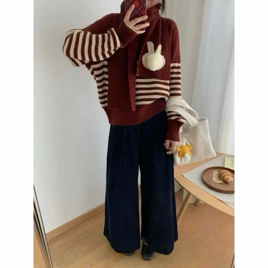 Áo len nữ kẻ đỏ kèm khăn siu xinh e về 2 màu đỏ cam và đỏ đậm