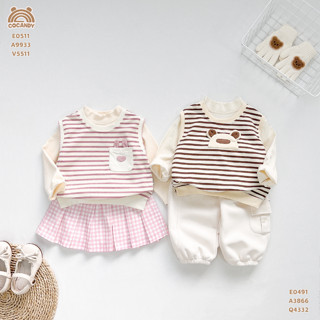  Set đồ cho bé -Áo gile BE kẻ HỒNG ngực mèo và Chân váy HỒNG xếp ly nơ to chéo của COCÁNY mã A6621,V4083,E0511 