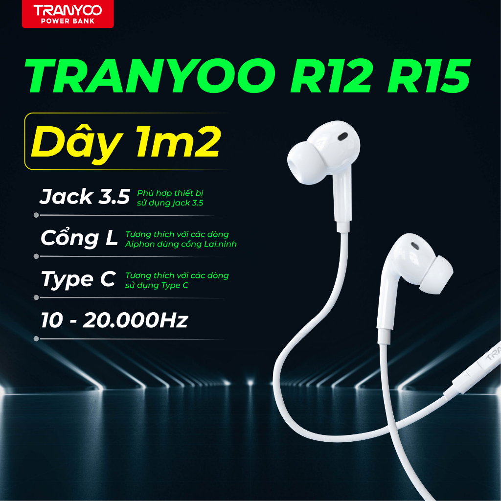 TRANYOO Tai Nghe Có Dây T-R12 / R15 Nhét Tai Êm Ái, Âm Bass Mạnh Phù Hợp Học Tập, Làm Việc, Giải Trí