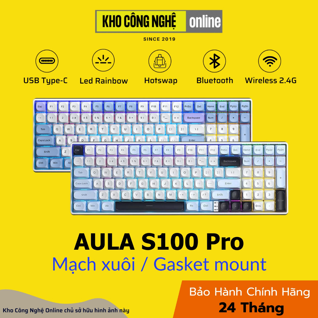 Bàn phím cơ gaming AULA S100 Pro Mạch xuôi, 3 modes, Hotswap, Gasket Mount - Hàng Chính Hãng