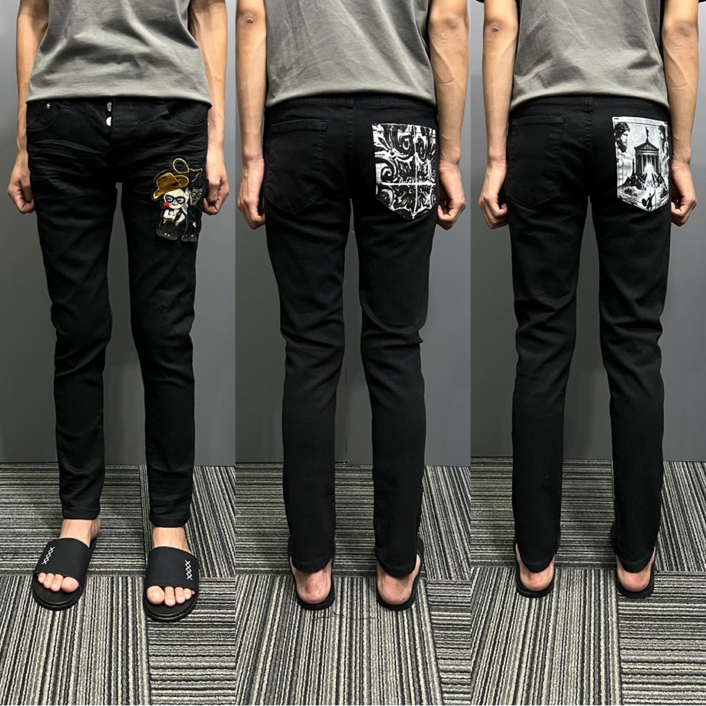 Quần Jean nam đen trơn dập nhăn túi hoạ tiết Đ /G , form skinny ôm boy phố , hàng 4 cúc ( được ktra 