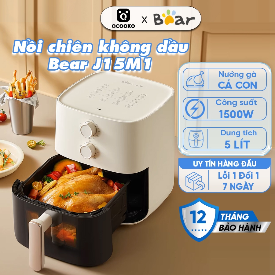 Nồi chiên không dầu Bear J15M1 dung tích 5L, Công nghệ chiên hơi nước ĐỘC QUYỀN, cửa kính trong - BH