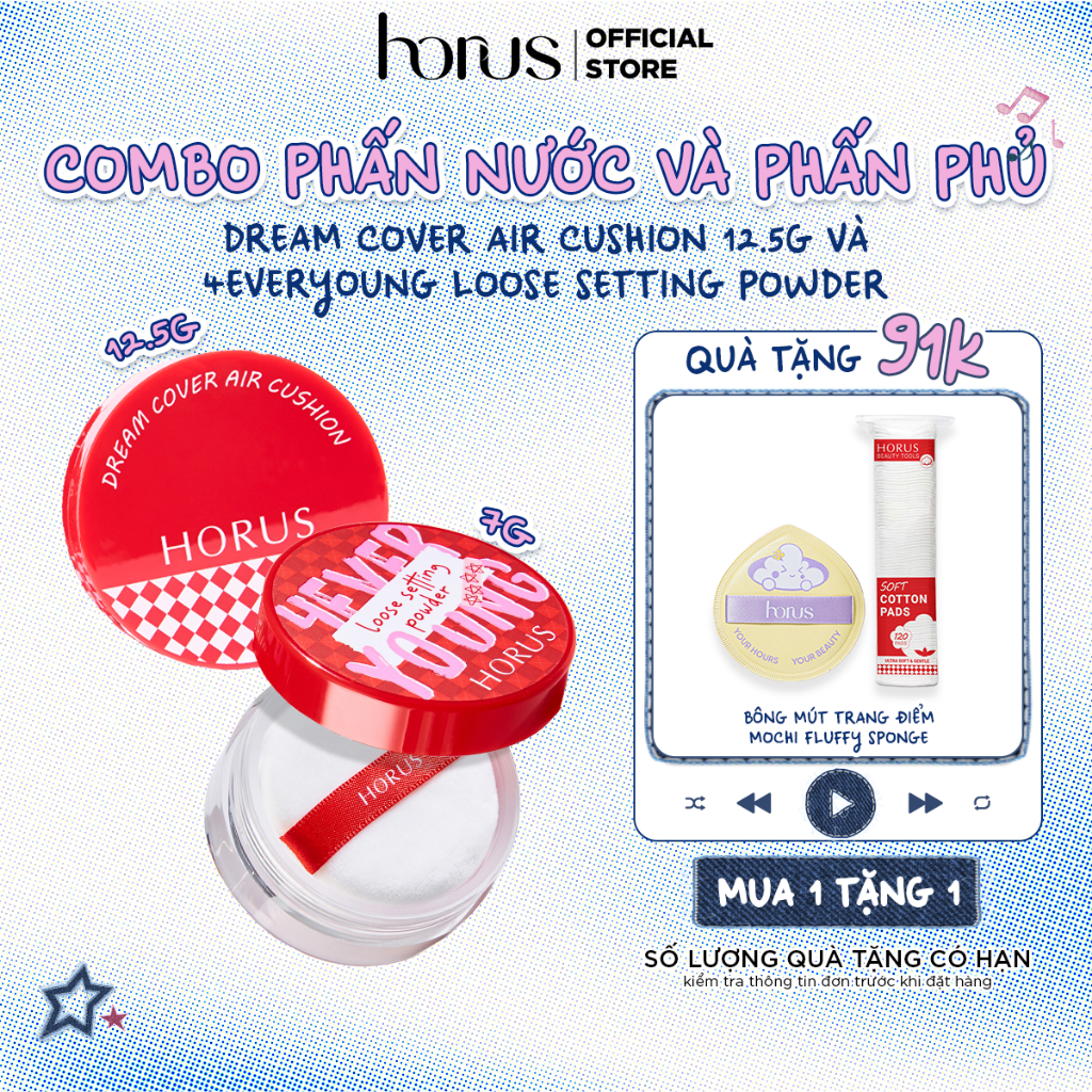 [ĐỘC QUYỀN] Combo Phấn nước Horus Dream Cover Air Cushion 12.5g + Phấn phủ Horus 4EVERYOUNG LOOSE SE