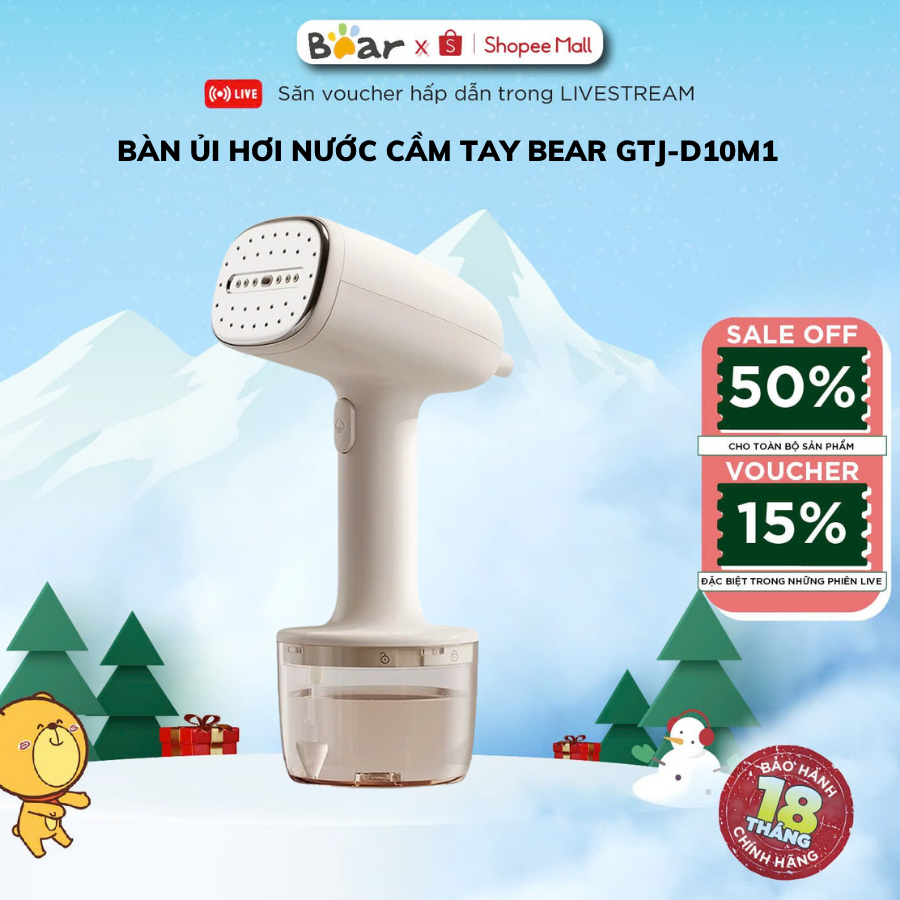 Bàn ủi hơi nước cầm tay 1000W Bear GTJ-D10M1, Bình chứa 260ml, Làm nóng nhanh, Khử Khuẩn BH 18 Tháng