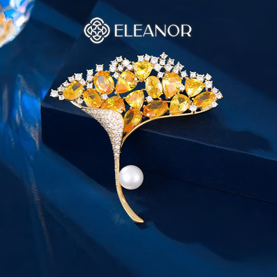 Ghim cài áo nam nữ Eleanor Accessories lá bạch quả đính đá phụ kiện thời trang trâm cài 10941