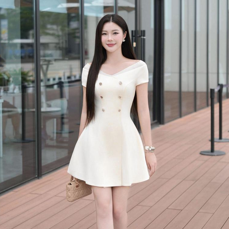 Đầm Nữ JOVEN Silas Form A Cổ V Rộng Hơi Bẹt Vai Nút Đính Cố Định