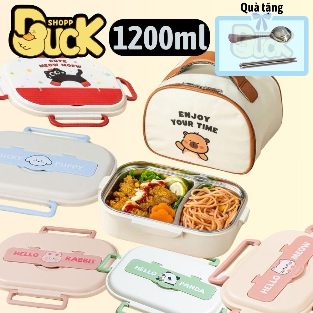 Hộp cơm 2 ngăn giữ nhiệt, thực phẩm văn phòng lúa mạch Dear bear mini inox 304, chống gỉ (Tặng muỗng đũa) | BigBuy360 - bigbuy360.vn