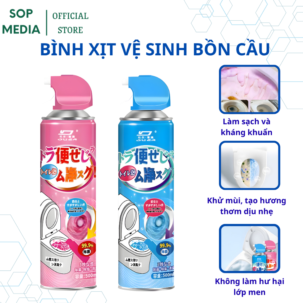Chai xịt bọt vệ sinh bồn cầu toilet SOPMEDIA tẩy rửa mọi vết bẩn hương chanh hương đào 520ml