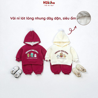  Bộ quần áo hoodie nỉ lót lông nhung mũ gắn bông cho bé Hokiha vải nỉ mềm mịn ấm áp size 8-17kg B293 