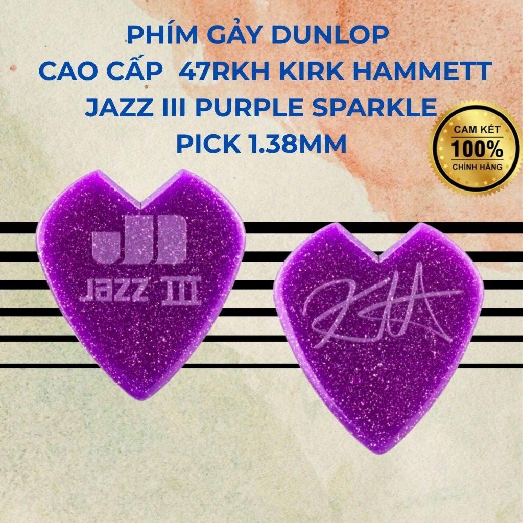 Phím guitar Dunlop 47RKH KIRK HAMMETT JAZZ III PURPLE SPARKLE PICK dày 1.38MM