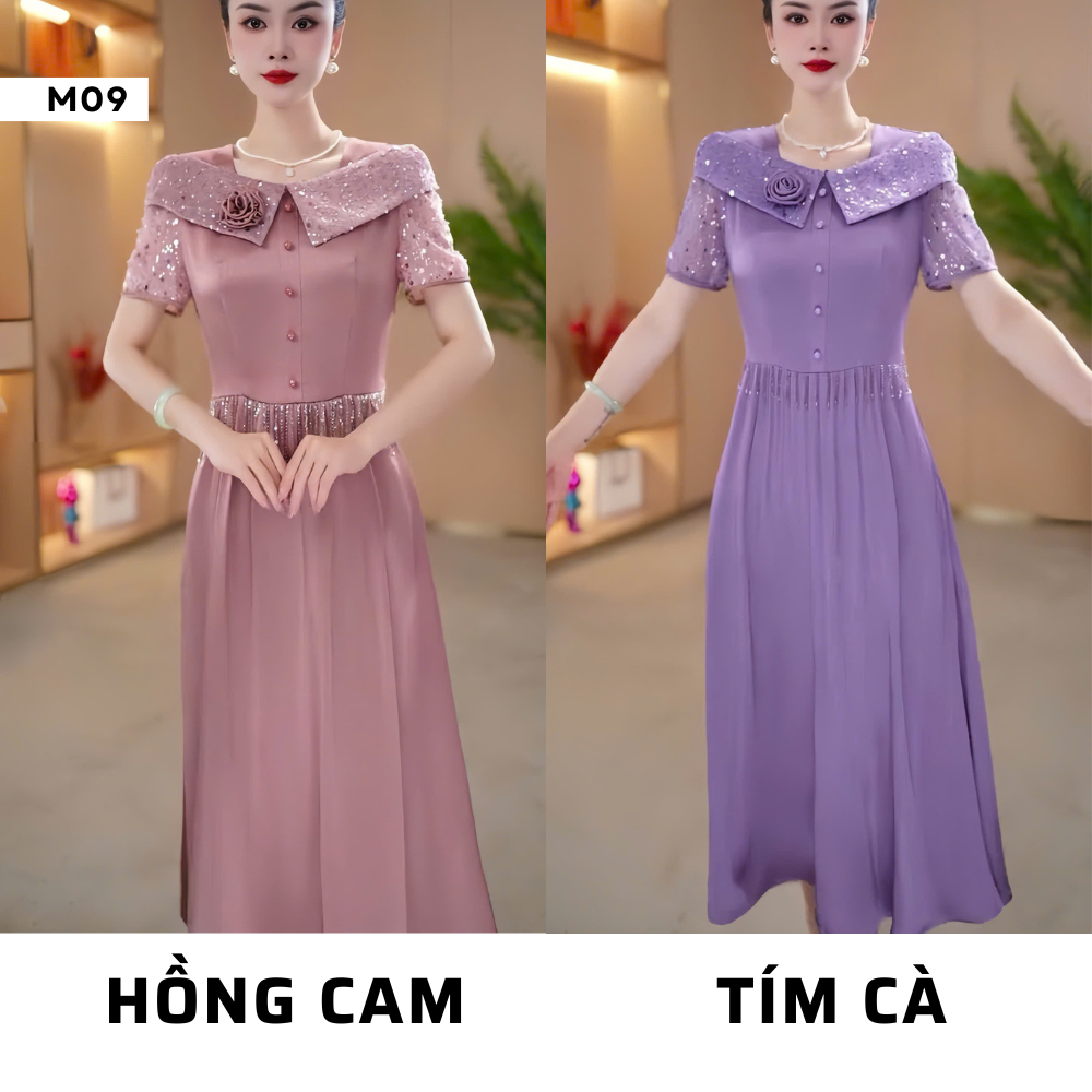 Đầm Trung Niên Tặng Mẹ Hella M09 Đi Cưới Dự Tiệc Sang Trọng Dáng Váy Thanh Lịch Chất Cotton Co Dãn