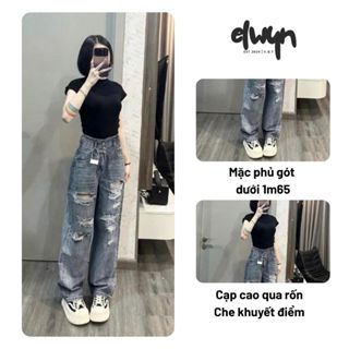  Quần jean rách ELWYN quần jean rách gối tả tơi cạp cao nữ rách nhiều eo bản to hai cúc cá tính size S M L 8797 