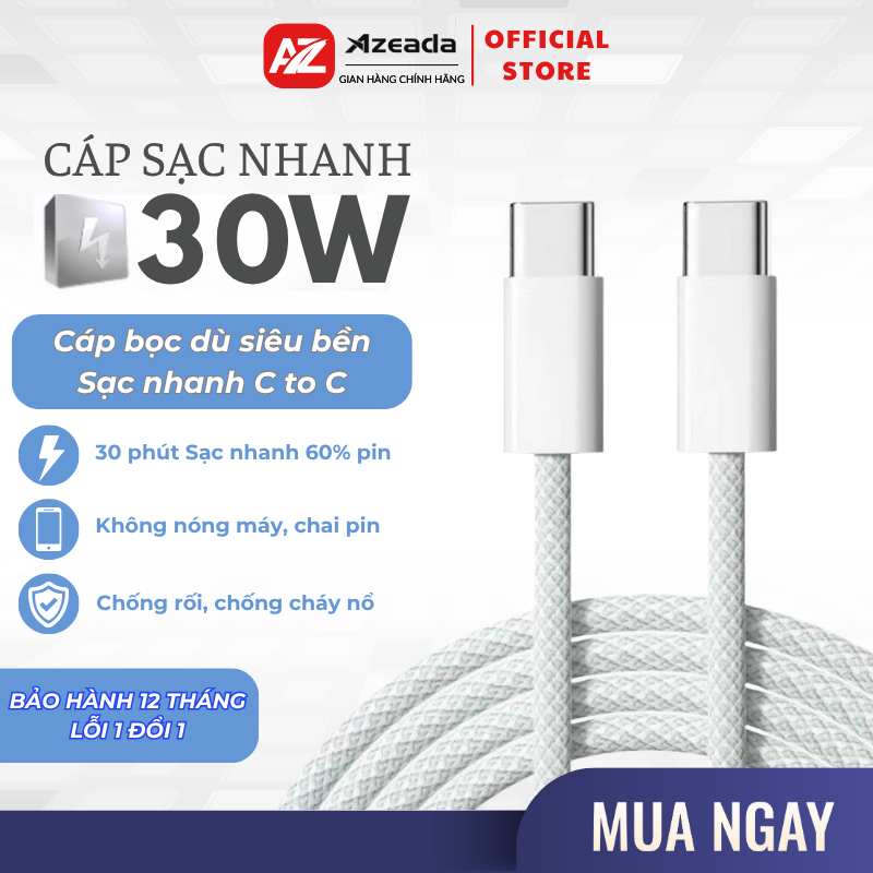 Dây sạc nhanh Type C 30W cáp bọc dù 1m C to C cho Phone 15 16 17 samsung xiaomi - Bảo Hành 12 Tháng
