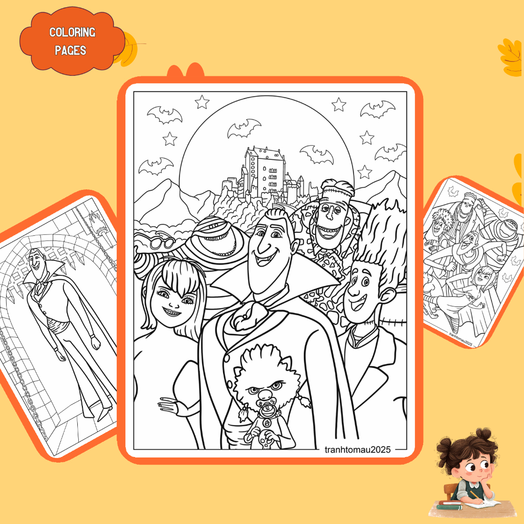Bộ 19/10 tờ tranh tô màu, tranh tập tô, hình phim khách sạn huyền bí Hotel Transylvania, giấy A4, A5