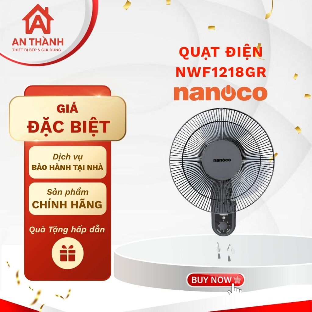 Quạt Treo Tường Nanoco NWF1218GR – Gió Mạnh 30W, Motor Dây Đồng, Thiết Kế Tiết Kiệm Diện Tích