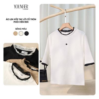 Áo len nữ YOUNGER BY CARDINA chất liệu len xốp cổ tròn tay lỡ phối viền ren 5YALL08