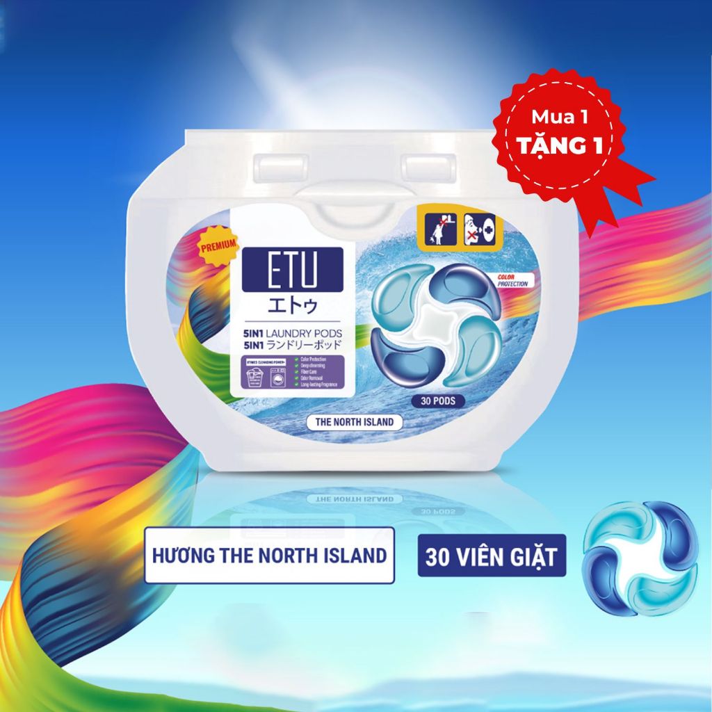 Viên Giặt ETU 5In1 Hương Biển The North IsLand Cao Cấp - 30 Viên, Sạch Thơm, Giữ Màu