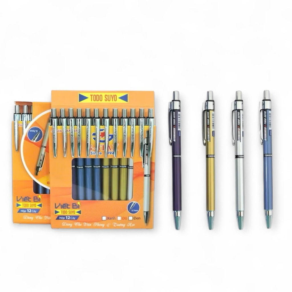 Hộp 12 Bút Bi Bấm Todo Suyo 0.7mm Mực Xanh, Viết Êm Tay, Nét Đều Đẹp, Mực Ra Mượt