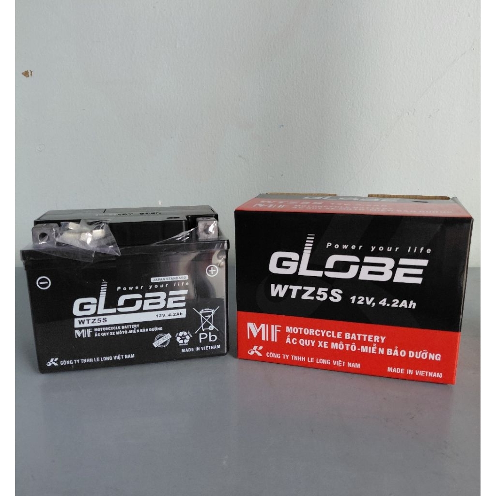 Bình acquy xe máy khô miễn bảo dưỡng GLOBE WTZ5S | 12V - 4.2Ah