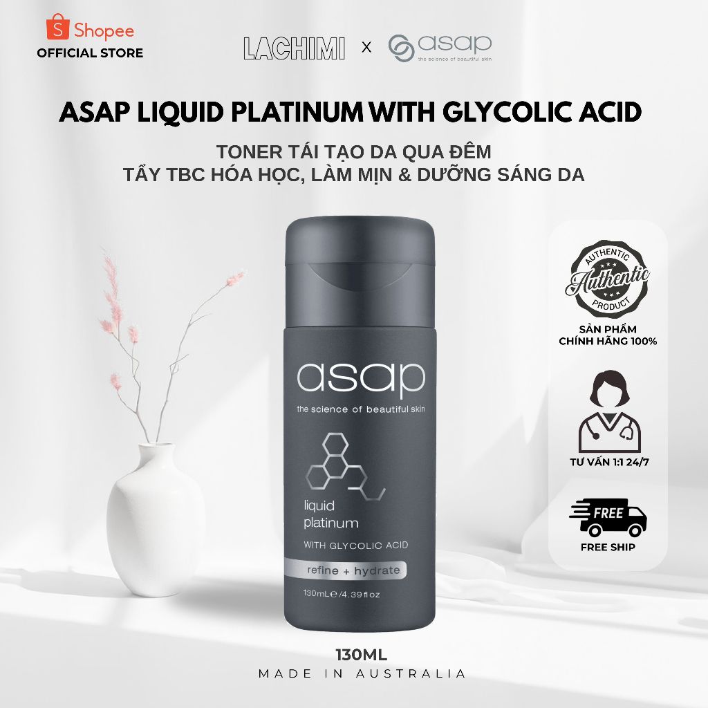 Toner AHA Asap Liquid Platinum tinh chất tái tạo da ban đêm sáng mịn, tươi trẻ Lachimi Beauty 130ML