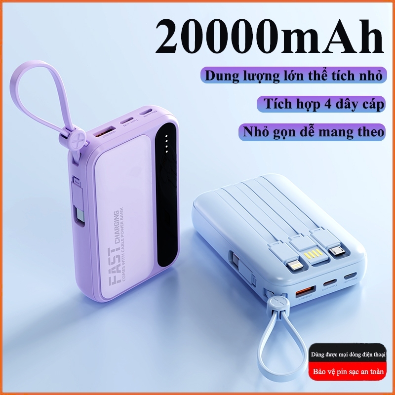 20000 mAh điện thoại di động sạc nhanh bốn dây một màn hình kỹ thuật số thông minh dây buộc di động đi lại dây miễn phí