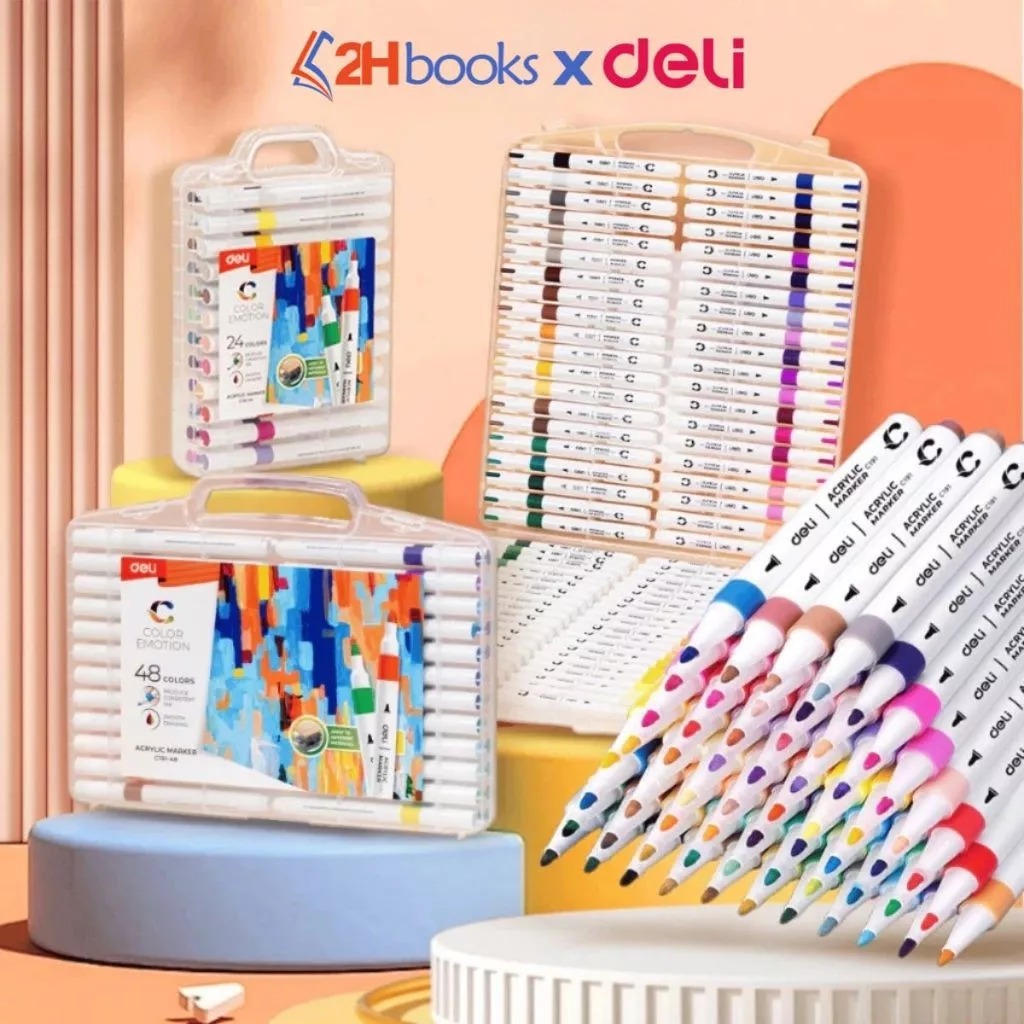 Màu Acrylic Marker Deli, Bút màu acrylic marker 2 đầu lông, Màu Tô Mọi Chất Liệu Vẽ Giày Vải...VPP