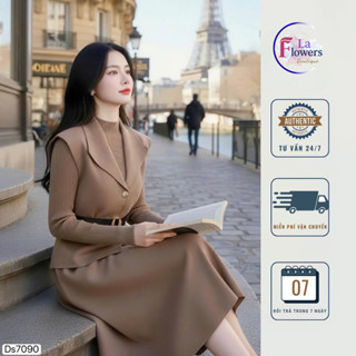  Đầm len dáng dài phối vest sang trọng – Đầm len nâu cao cấp đi làm dự tiệc dạo phố DS7090 
