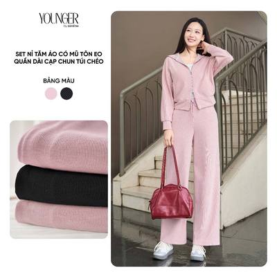 Đồ bộ nỉ nữ CARDINA  tách sét chất liệu nỉ tăm thể thao áo dài tay có mũ và quần dài suông cạp chun 5YANF26, 5YQDT26