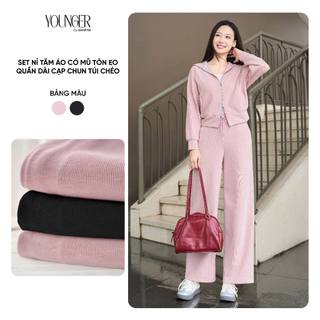  Đồ bộ nỉ nữ CARDINA  tách sét chất liệu nỉ tăm thể thao áo dài tay có mũ và quần dài suông cạp chun 5YANF26 5YQDT26 