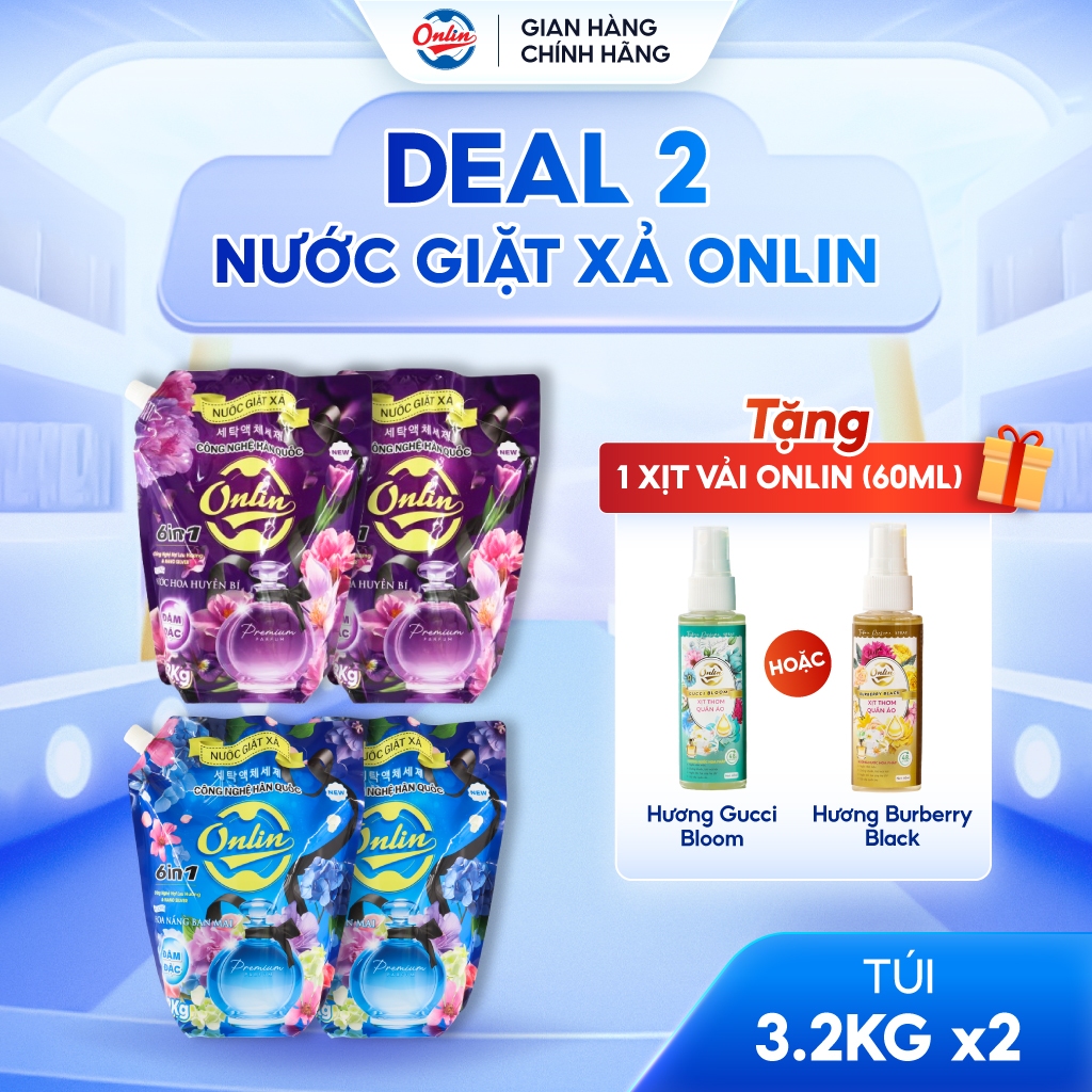 DEAL 2 Nước Giặt Xả ONLIN Túi 3.2kg Tặng 1 Xịt Thơm Vải 60ml (Hương Huyền Bí / Hoa Nắng – Gucci Bloo