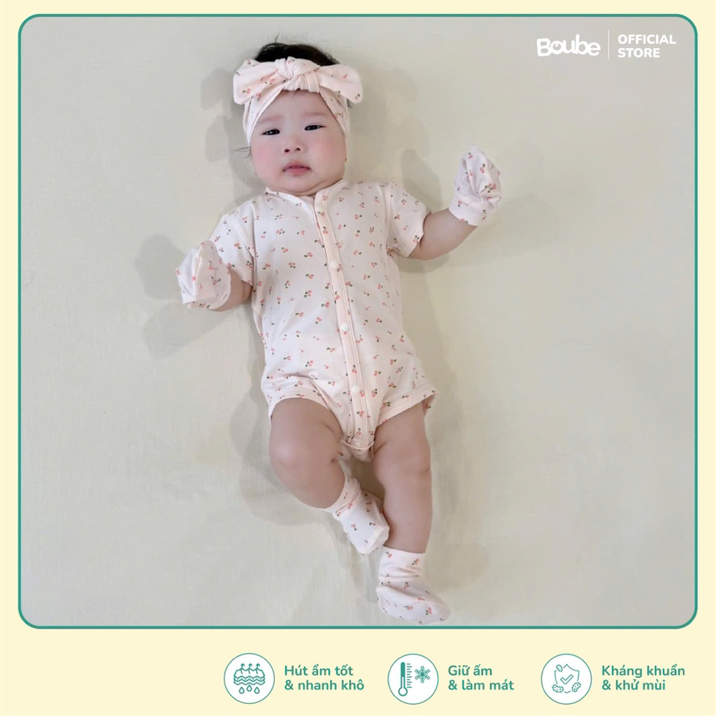Bộ liền tam giác, bodychip cúc bấm thẳng họa tiết cherry cho bé sơ sinh, bé gái Boube, vải Cotton