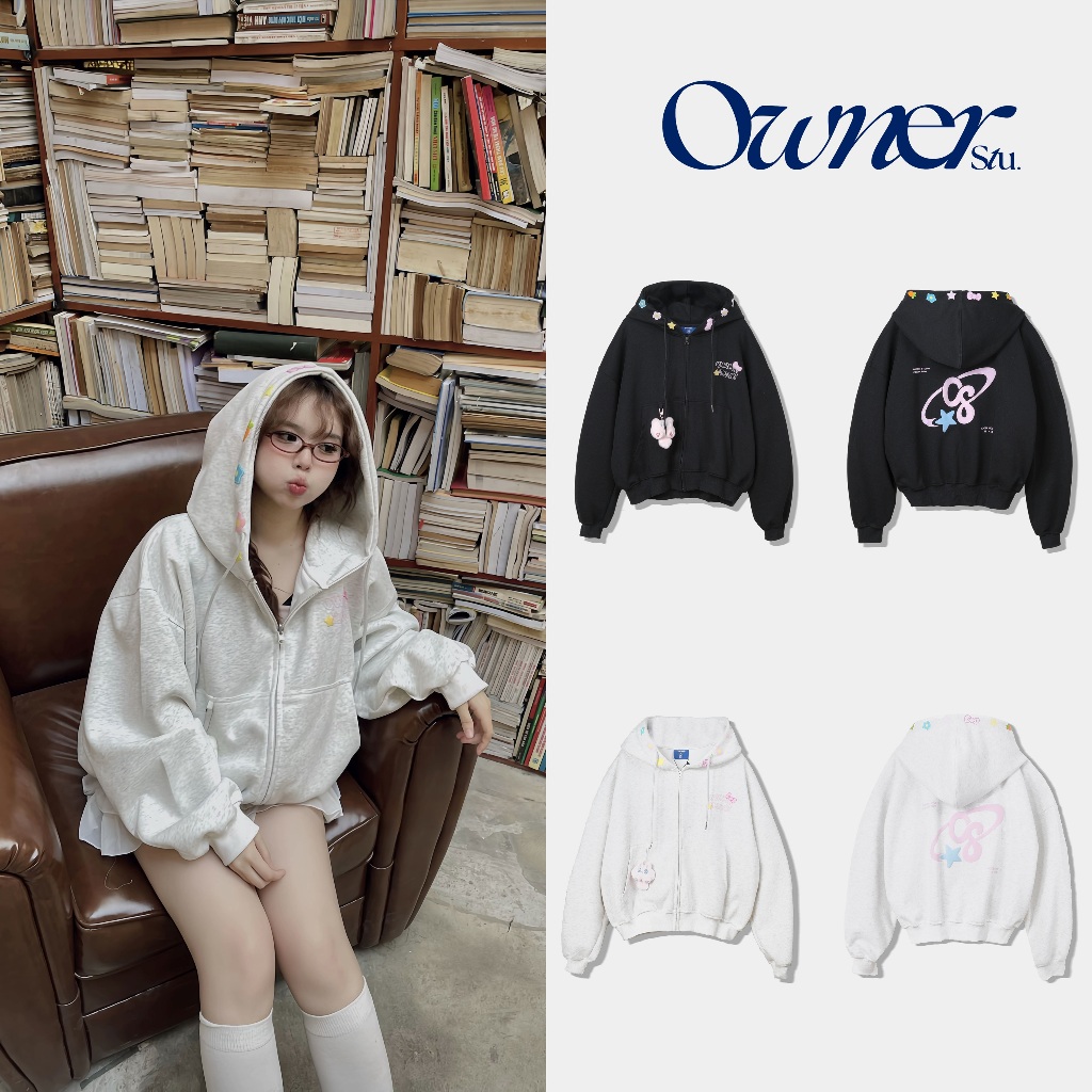 Áo khoác nỉ 2 mặt KHÔNG DÀY dây kéo OVER ICON OWNER Form Boxy - OWNER Hoodie Zip