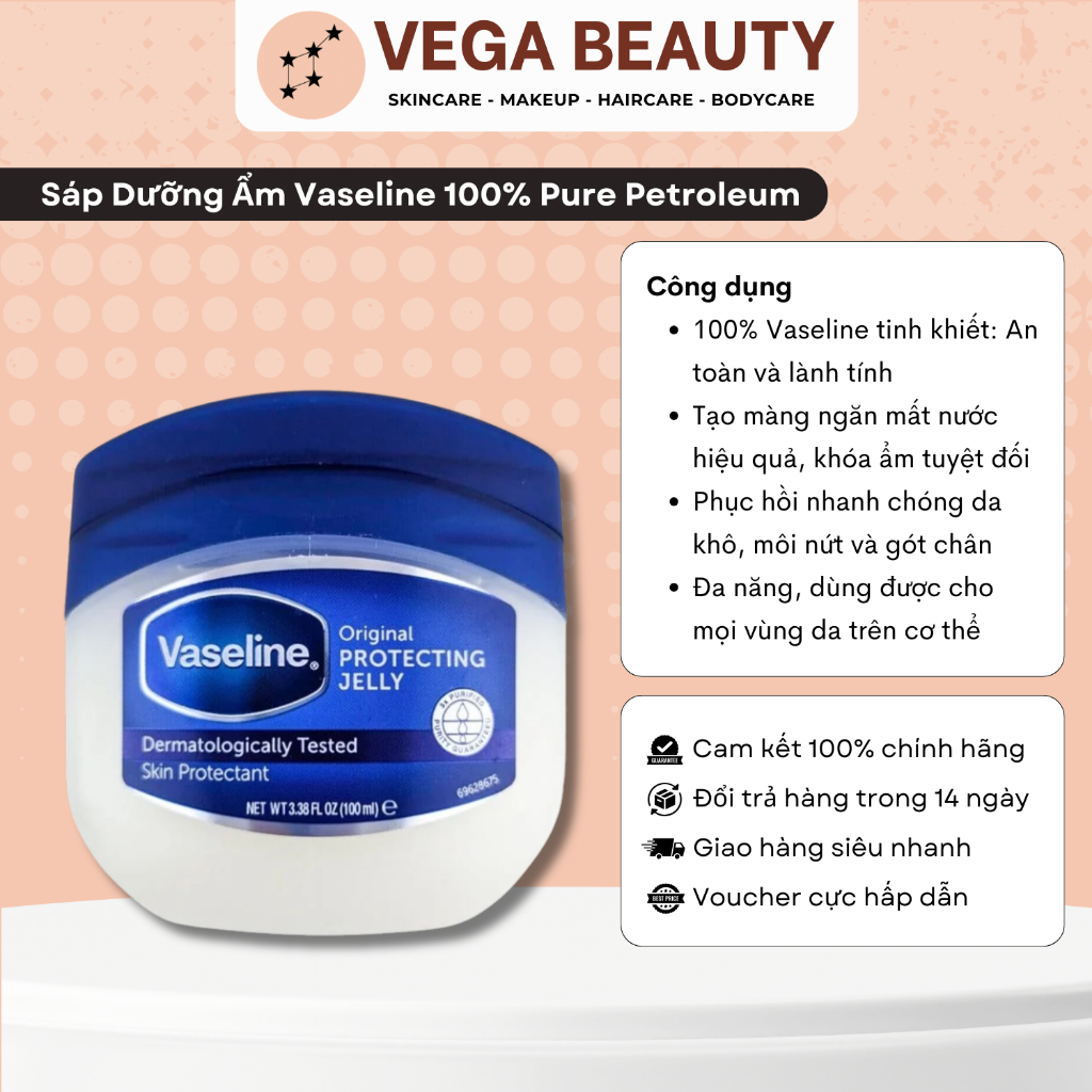 Sáp dưỡng ẩm VASELINE 100% Pure Petroleum Jelly đa năng, phục hồi da khô, nứt nẻ, khóa ẩm hiệu quả