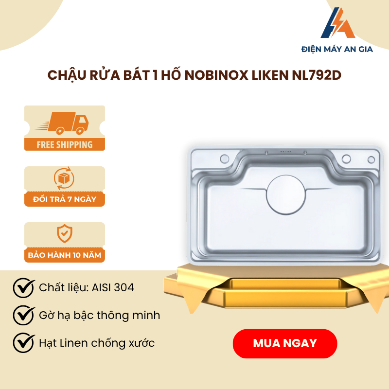 Chậu rửa bát Nobinox LIKEN NL792D – Inox 304 hạt Linen chống xước – Gờ Slide Thông Minh – PEB