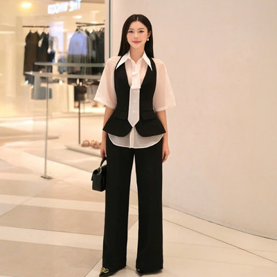 Set Nữ JOVEN Uri Áo Voan Tơ Xốp Phối Gile Form Peplum Quần Dài Ống Suông
