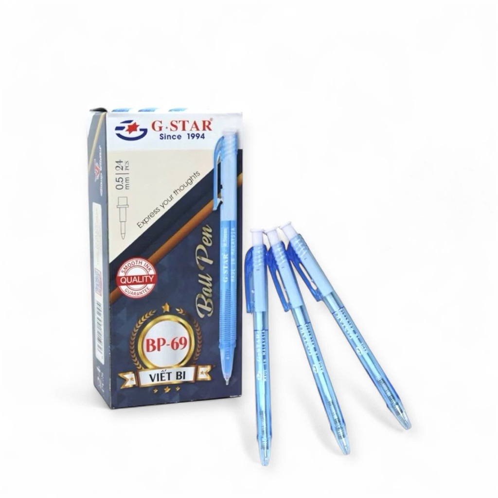 Hộp 24 Cây Bút Bi Bấm G-Star – Ngòi 0.5mm, Mực Xanh Malaysia, Viết Êm Tay, Mực Ra Đều [BP-69]