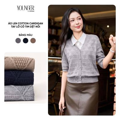 Áo len nữ YOUNGER BY CARDINA chất liệu len cotton tay lỡ cổ tim dệt nổi 5YALL03