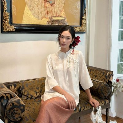 TUBYCATU Áo Gấm Cổ Tàu Kiểu Truyền Thống BẠCH SƯƠNG Dệt Hoa