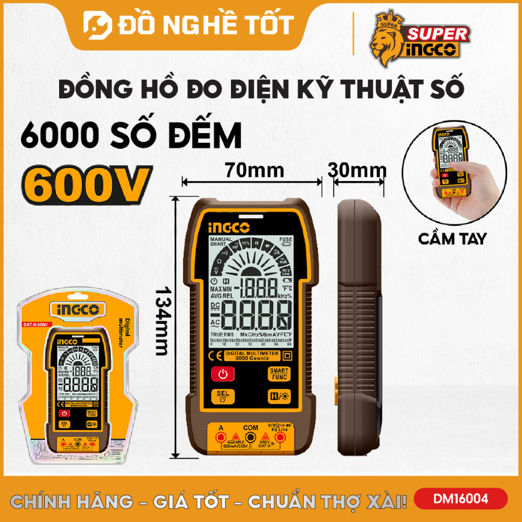 Đồng Hồ Đo Điện Kỹ Thuật Số INGCO DM16004 - 6000 bước đếm, đo điện AC/DC, điện trở, tần số, điện dun